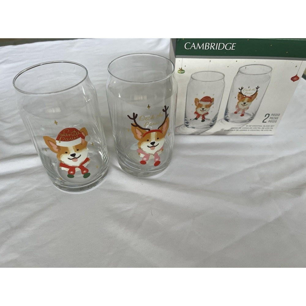 Cambridge Christmas Santa Paws Stemless Cocktail Glasses Set of 2 New Corgi